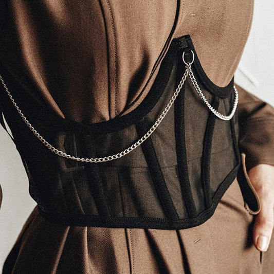 Punk Korsett – Schwarz mit Metallketten & Mesh-Details