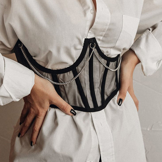 Punk Korsett – Schwarz mit Metallketten & Mesh-Details